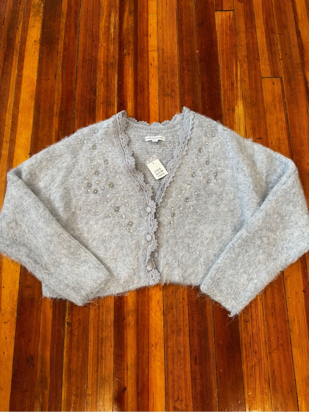 Sugar Light Blue Beaded Cropped Cardigan